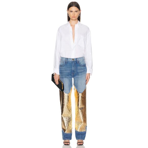 BRANDON MAXWELL The Cortlandt Denim Pant W/ Metallic Leather Combo Size 29 New - Picture 2 of 14